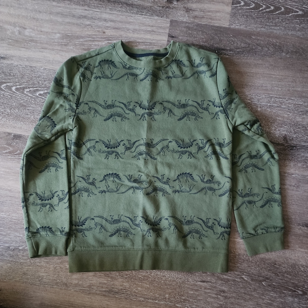 Cat & Jack Military Green Dino Print Crewneck Sweater Size M 8-10
